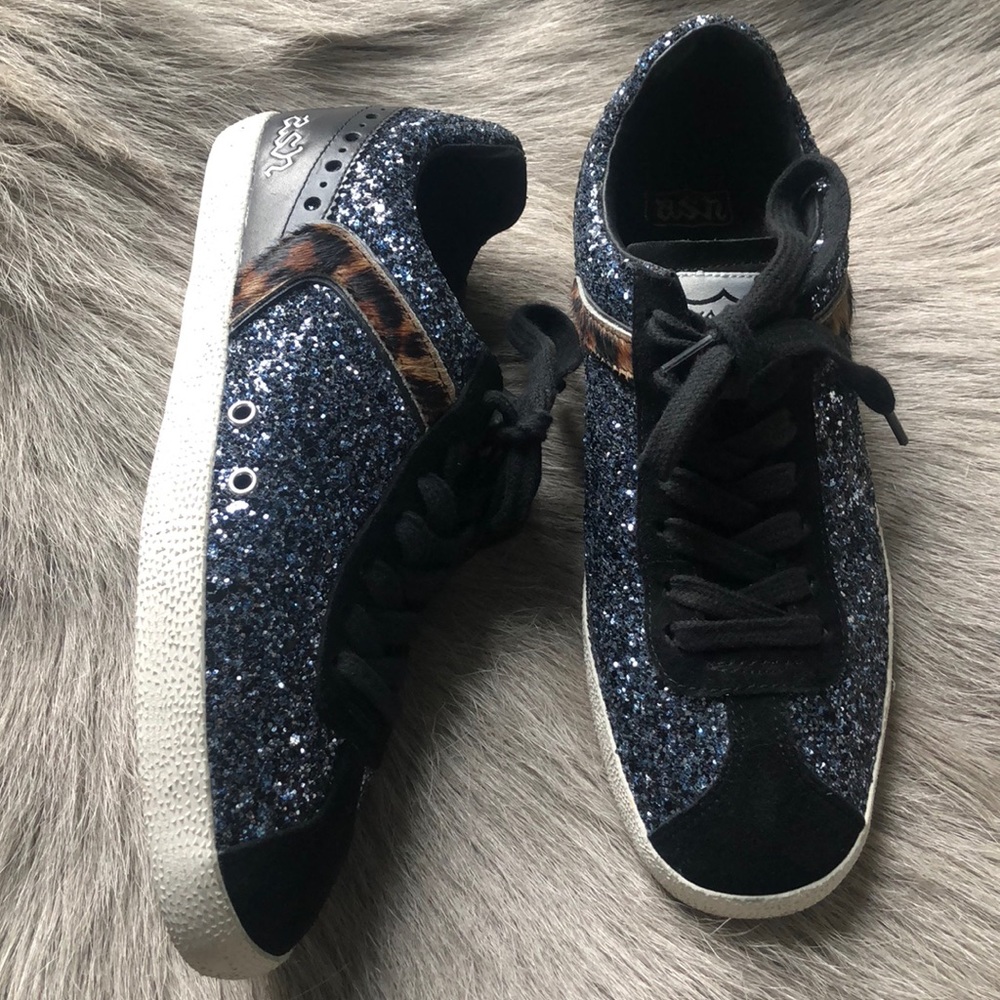 Ash Navy Glitter Sneakers with Leopard Accent